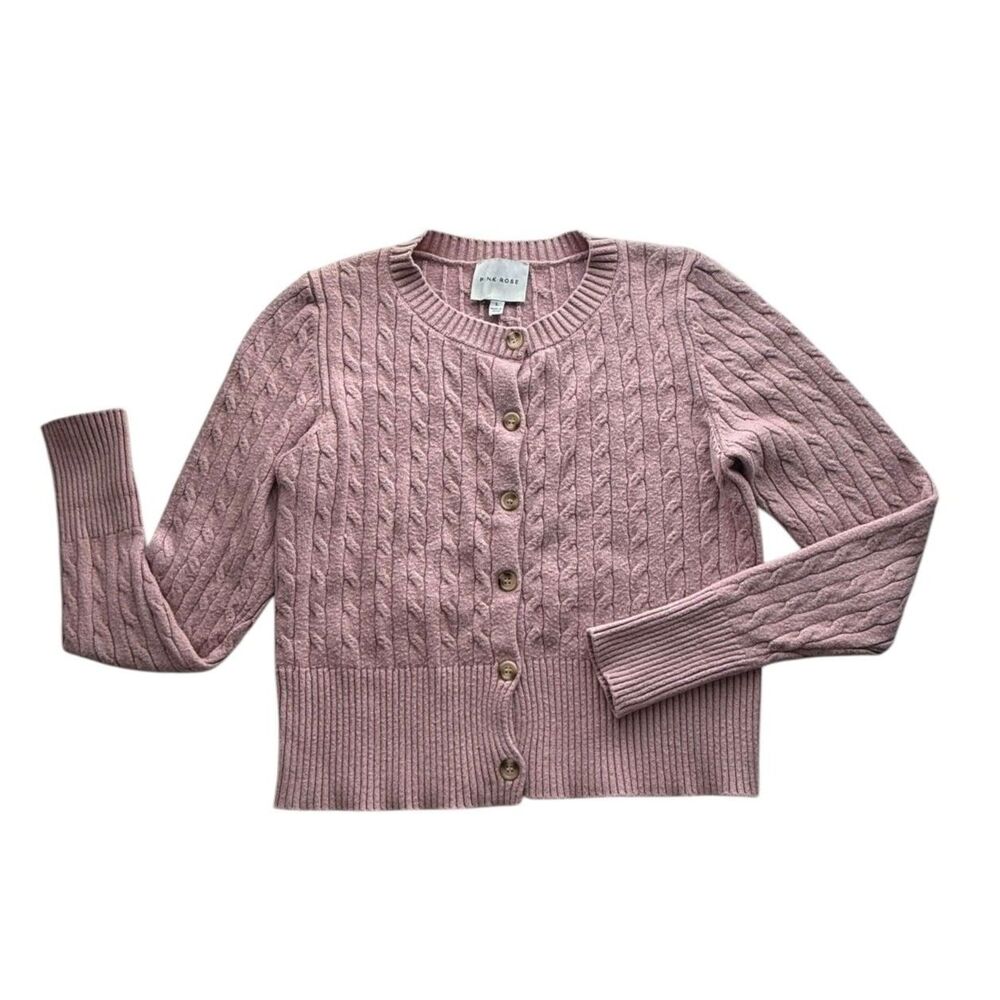 Pink Rose Women’s Button Front Cardigan Size L Rose Pink Knit Sweater - Picture 6 of 6